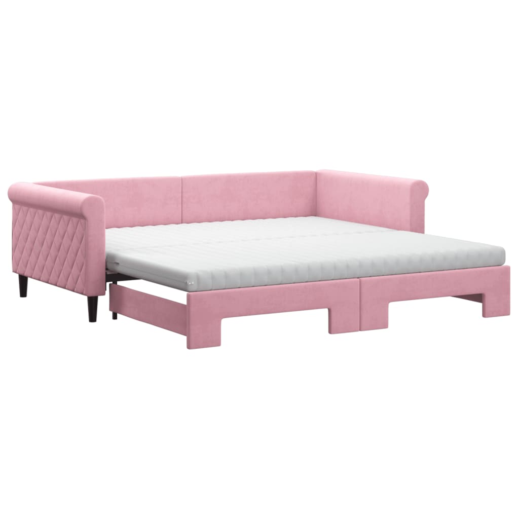 vidaXL Pat de zi cu extensie și saltea, roz, 100x200 cm, catifea vidaXL Pat de zi cu extensie și saltea, roz, 100x200 cm, catifea