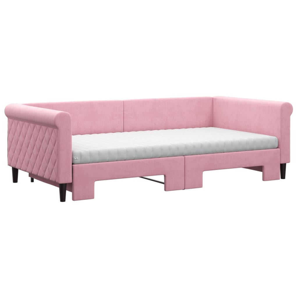 vidaXL Pat de zi cu extensie și saltea, roz, 100x200 cm, catifea vidaXL Pat de zi cu extensie și saltea, roz, 100x200 cm, catifea