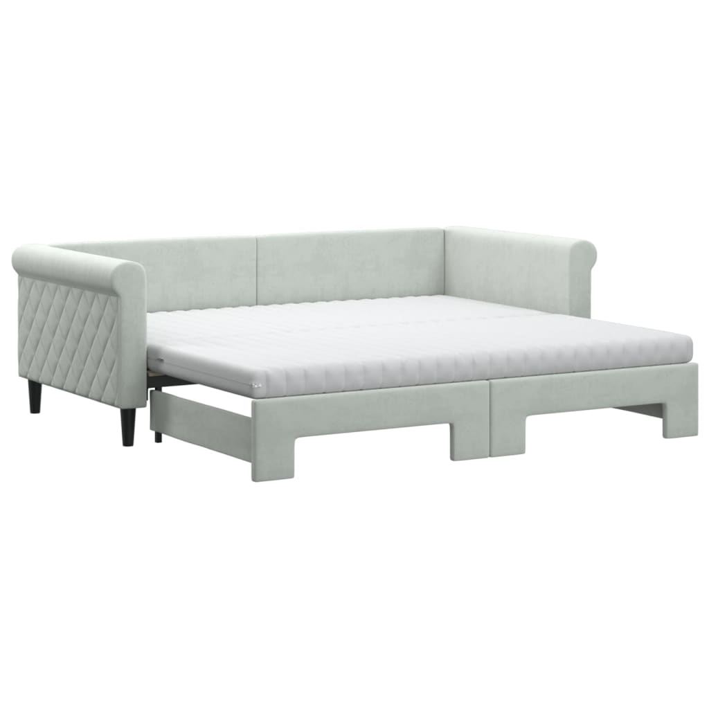 vidaXL Pat de zi cu extensie și saltele, gri deschis 90x190 cm catifea