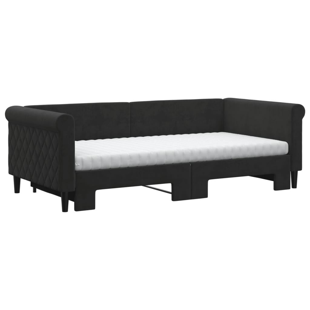 vidaXL Pat de zi cu extensie și saltele, negru, 90x190 cm, catifea