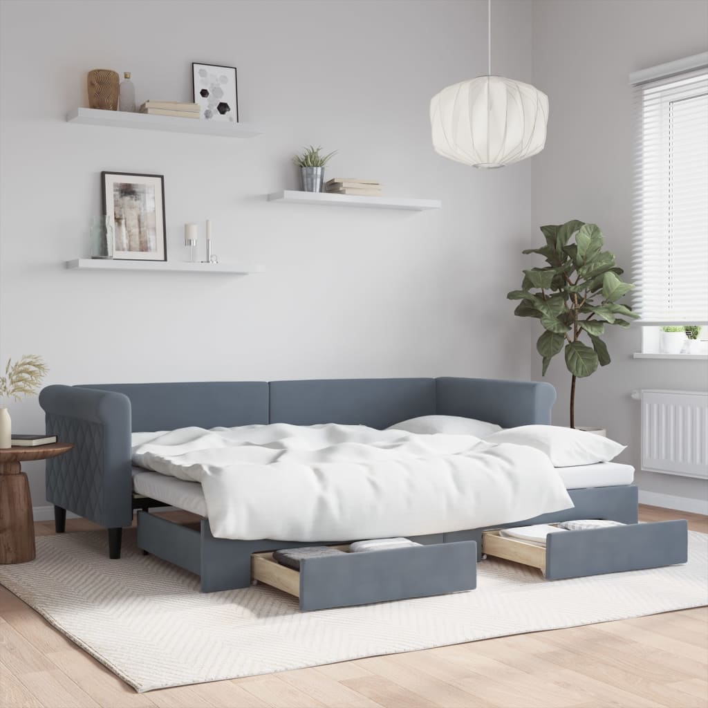 vidaXL Pat de zi cu extensie și sertare gri închis 80x200 cm catifea vidaXL Pat de zi cu extensie și sertare gri închis 80x200 cm catifea