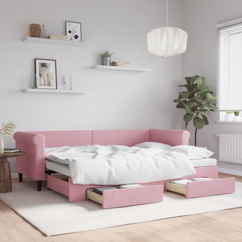 vidaXL Pat de zi cu extensie și sertare, roz, 80x200 cm, catifea vidaXL Pat de zi cu extensie și sertare, roz, 80x200 cm, catifea