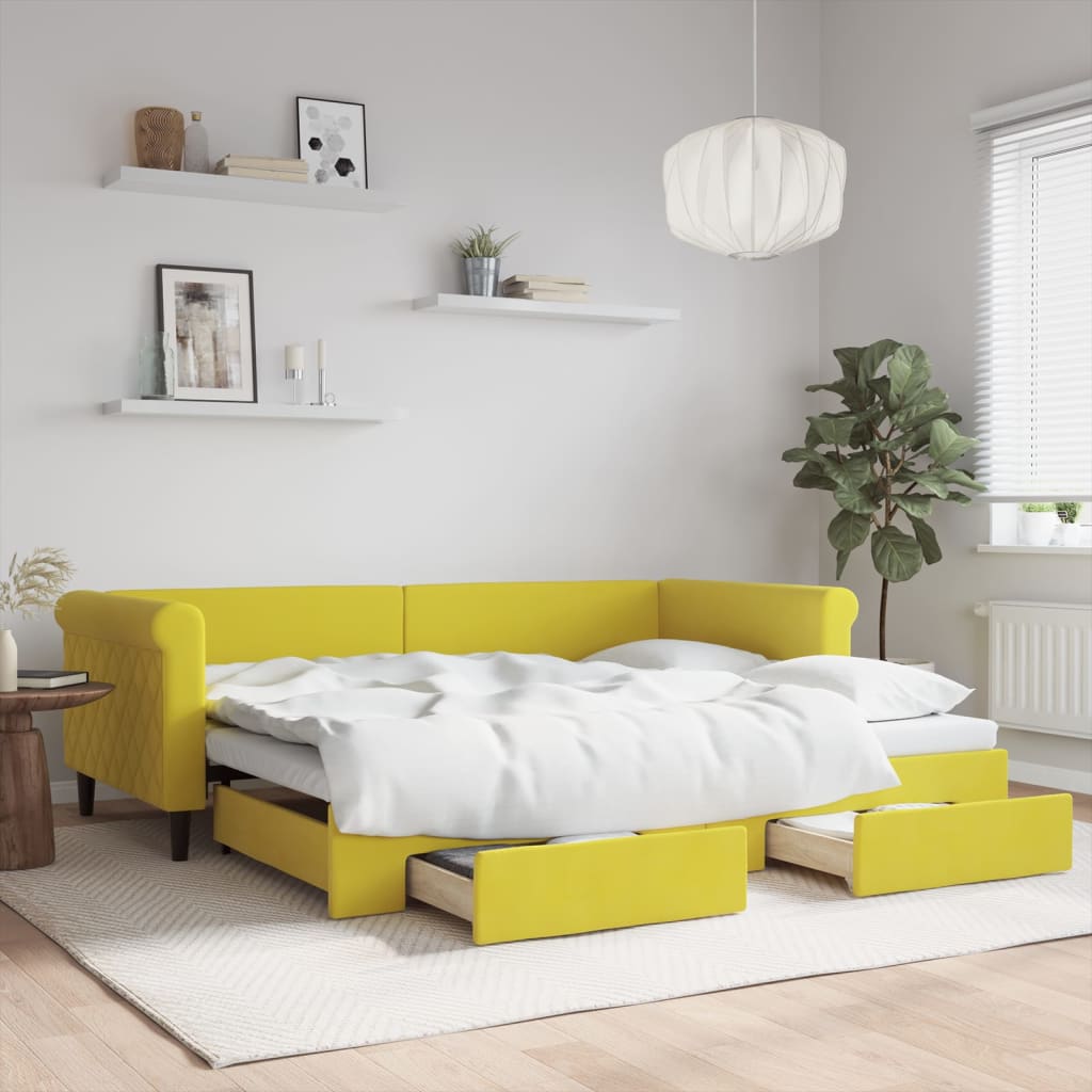 vidaXL Pat de zi cu extensie și sertare, galben, 90x200 cm, catifea vidaXL Pat de zi cu extensie și sertare, galben, 90x200 cm, catifea