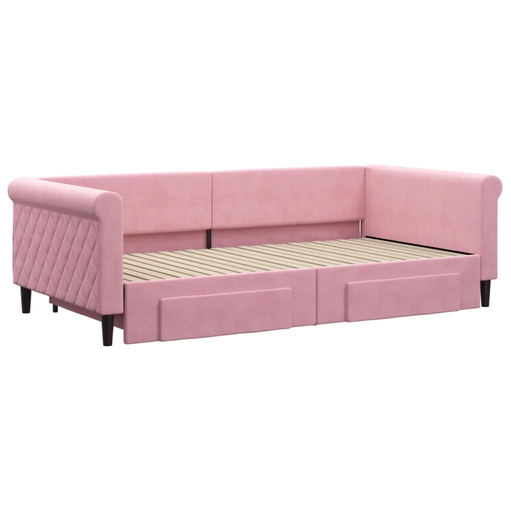 vidaXL Pat de zi cu extensie și sertare, roz, 100x200 cm, catifea vidaXL Pat de zi cu extensie și sertare, roz, 100x200 cm, catifea