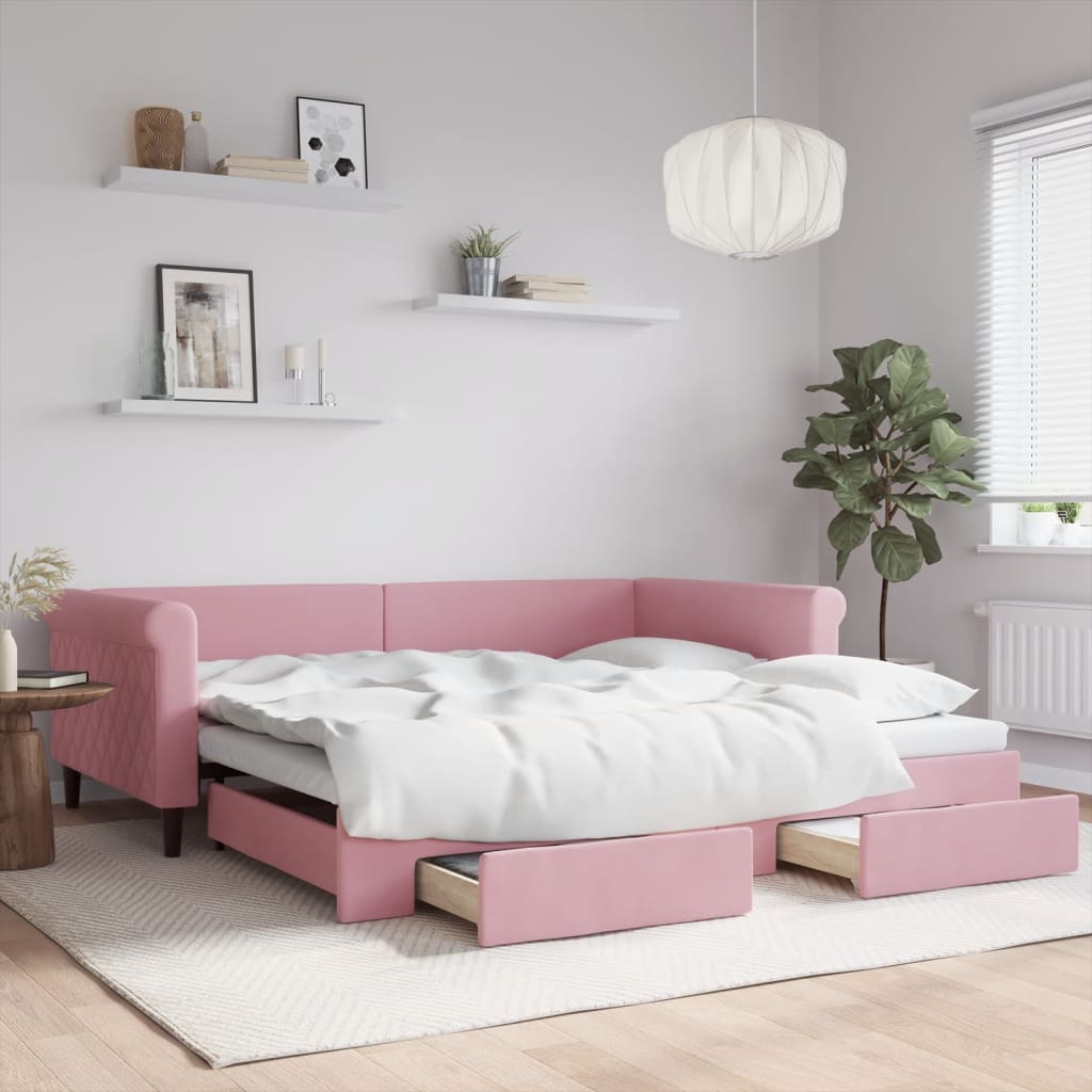 vidaXL Pat de zi cu extensie și sertare, roz, 100x200 cm, catifea vidaXL Pat de zi cu extensie și sertare, roz, 100x200 cm, catifea