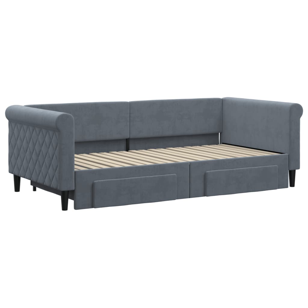 vidaXL Pat de zi cu extensie și sertare, gri închis, 90x190cm catifea