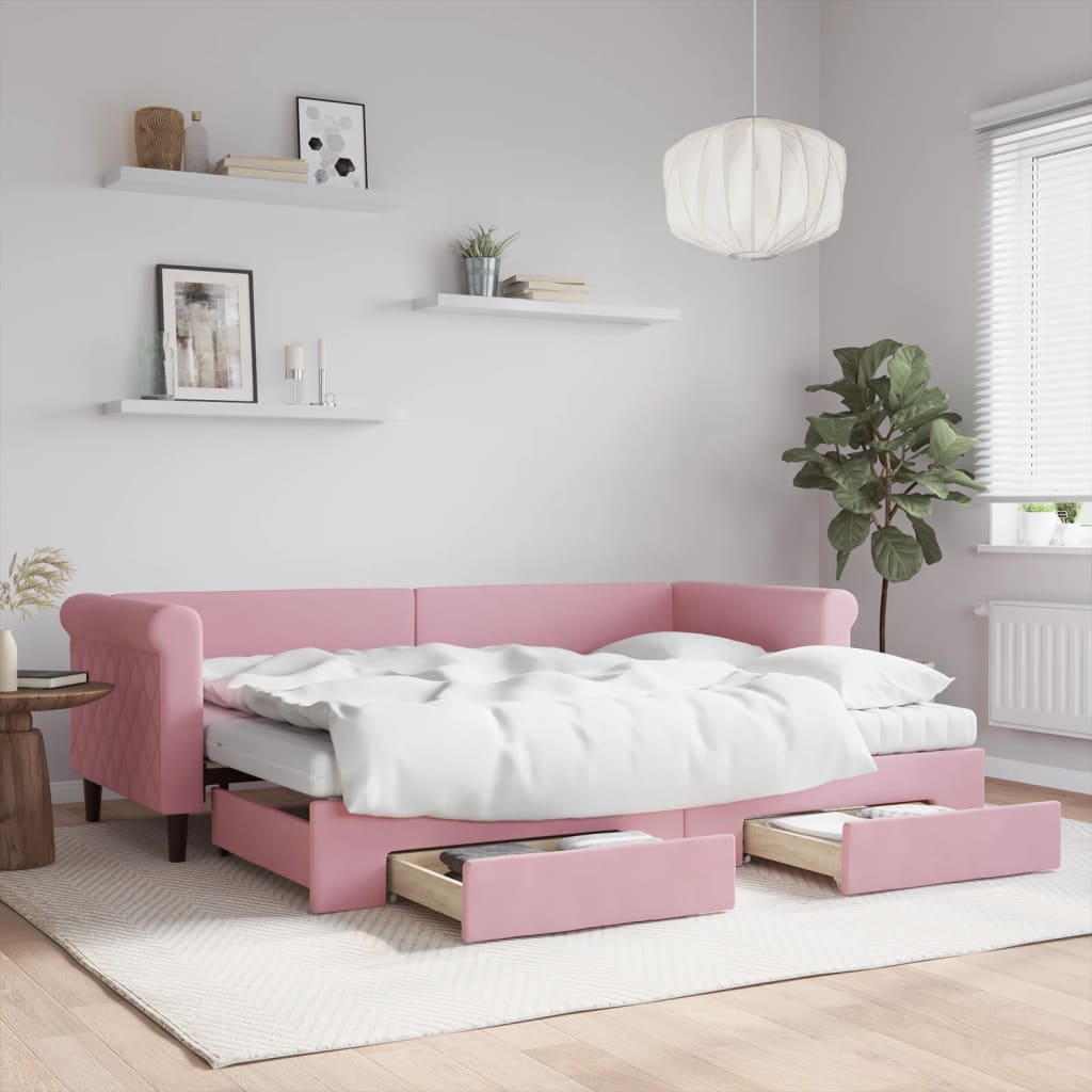 vidaXL Pat de zi cu extensie și sertare, roz, 80x200 cm, catifea vidaXL Pat de zi cu extensie și sertare, roz, 80x200 cm, catifea