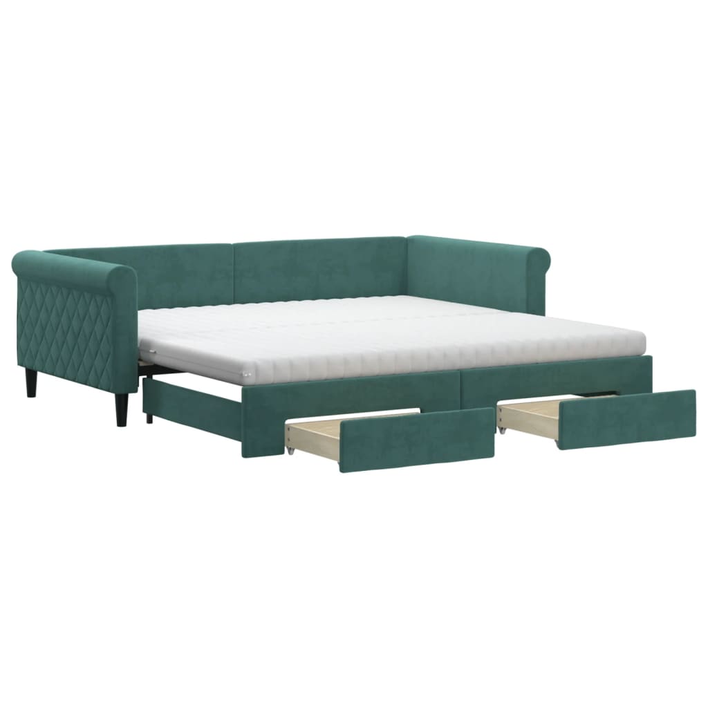 vidaXL Pat de zi cu extensie și sertare verde închis 100x200cm catifea
