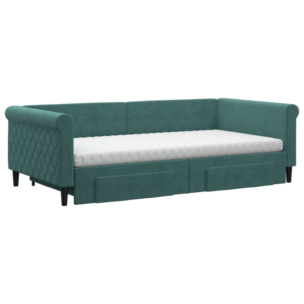 vidaXL Pat de zi cu extensie și sertare verde închis 100x200cm catifea