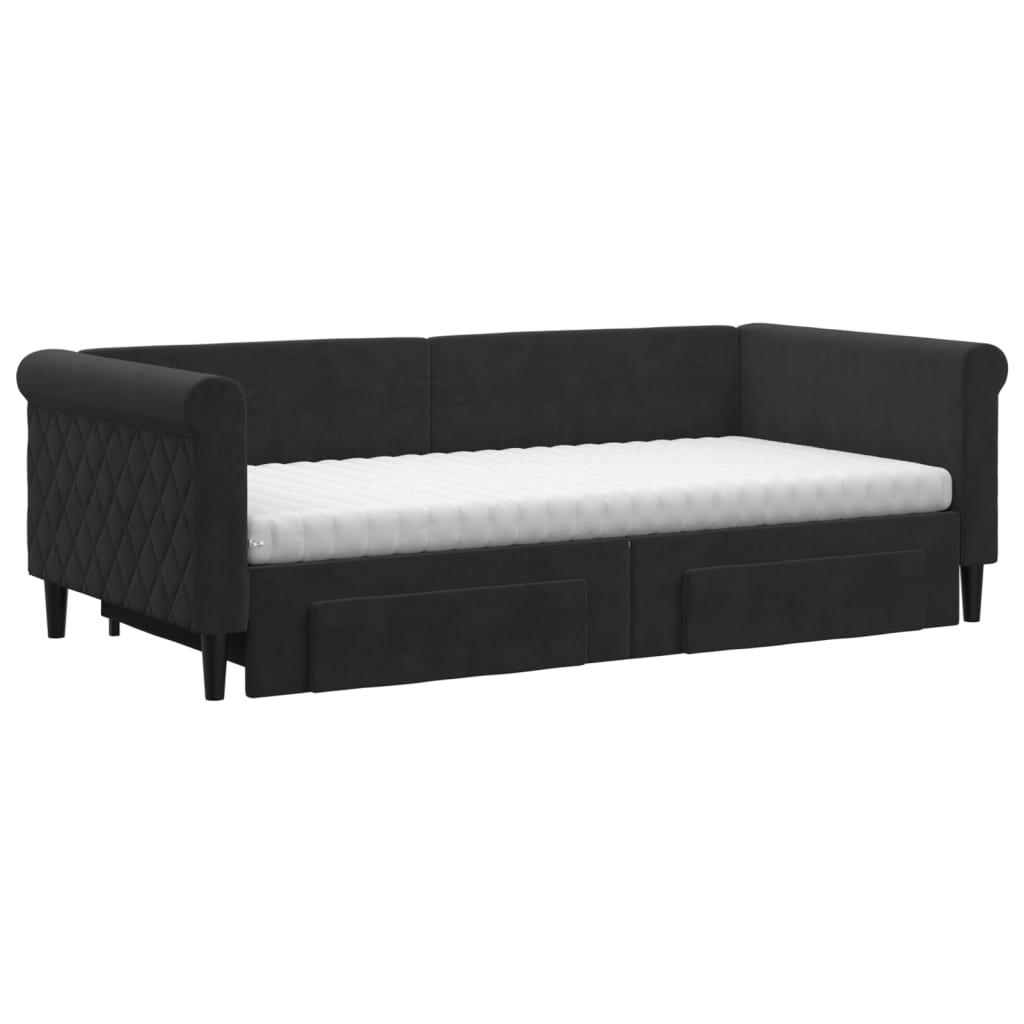 vidaXL Pat de zi cu extensie și sertare, negru, 90x190 cm, catifea