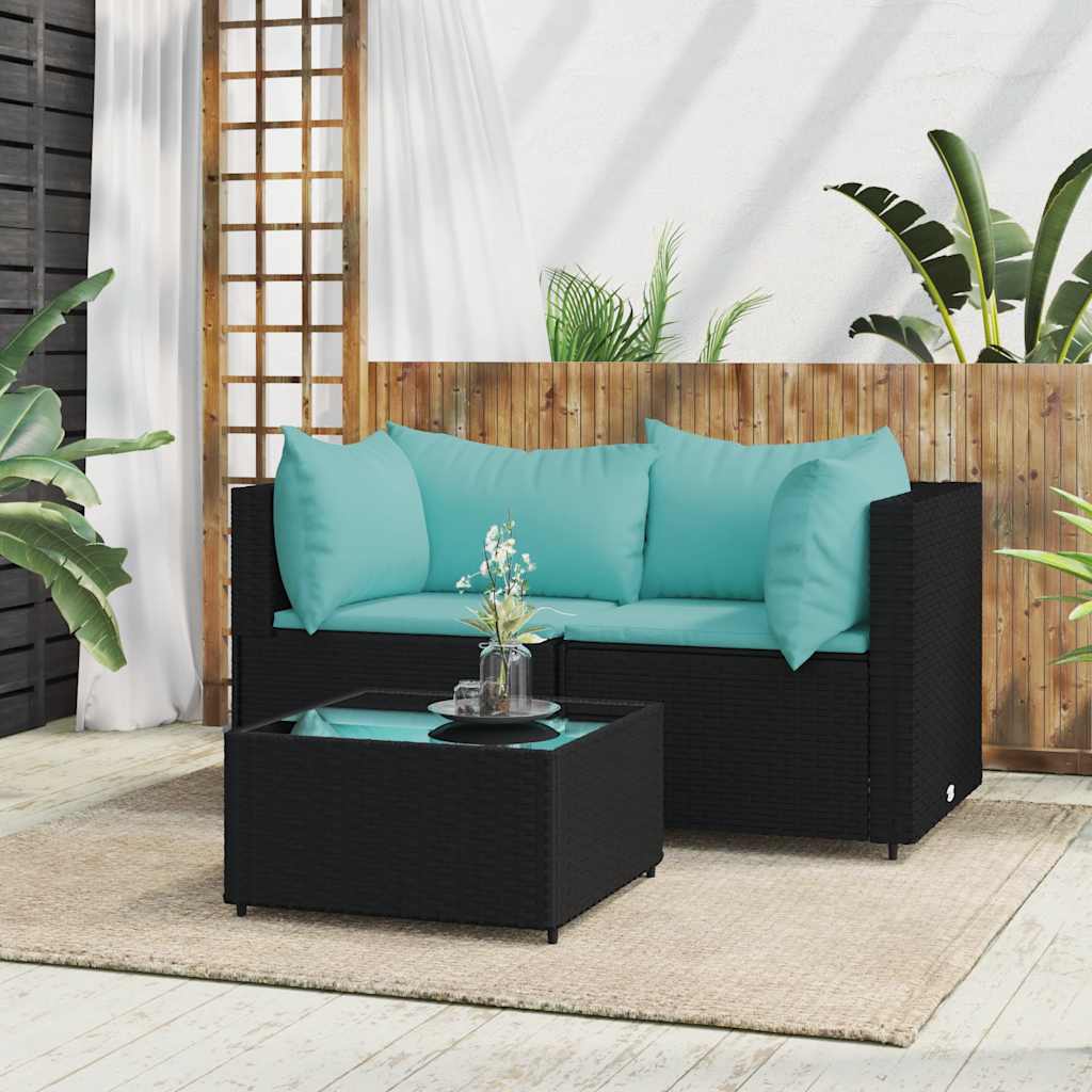 vidaXL Set mobilier de grădină cu perne, 3 piese, negru, poliratan vidaXL Set mobilier de grădină cu perne, 3 piese, negru, poliratan