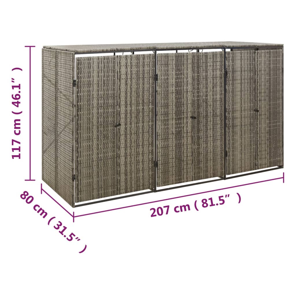 vidaXL Magazie de pubele triplă, gri, 207x80x117 cm, poliratan