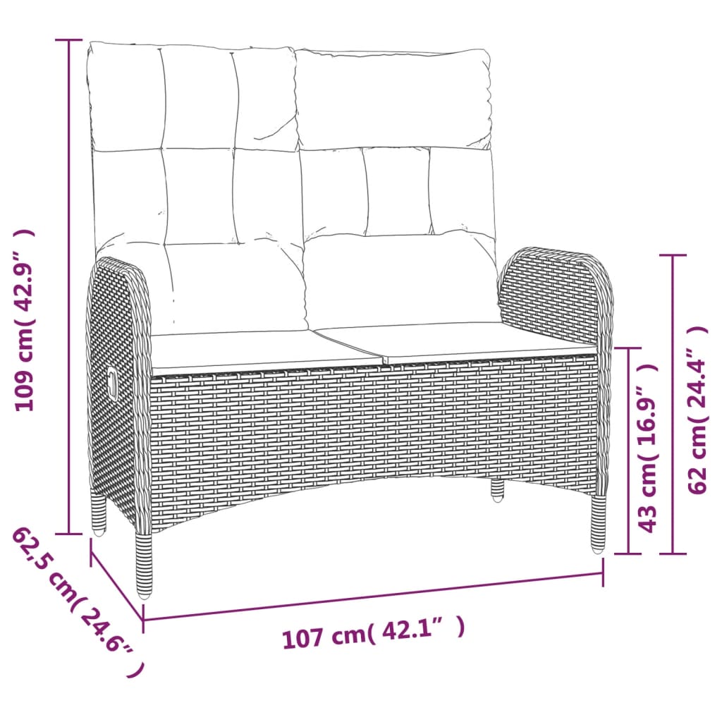 vidaXL Bancă de grădină rabatabilă cu perne, negru, 107 cm, poliratan