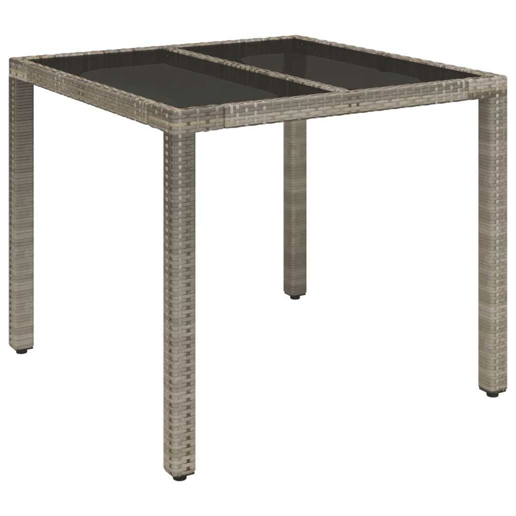 vidaXL Masă de grădină cu blat din sticlă, gri, 90x90x75 cm, poliratan vidaXL Masă de grădină cu blat din sticlă, gri, 90x90x75 cm, poliratan