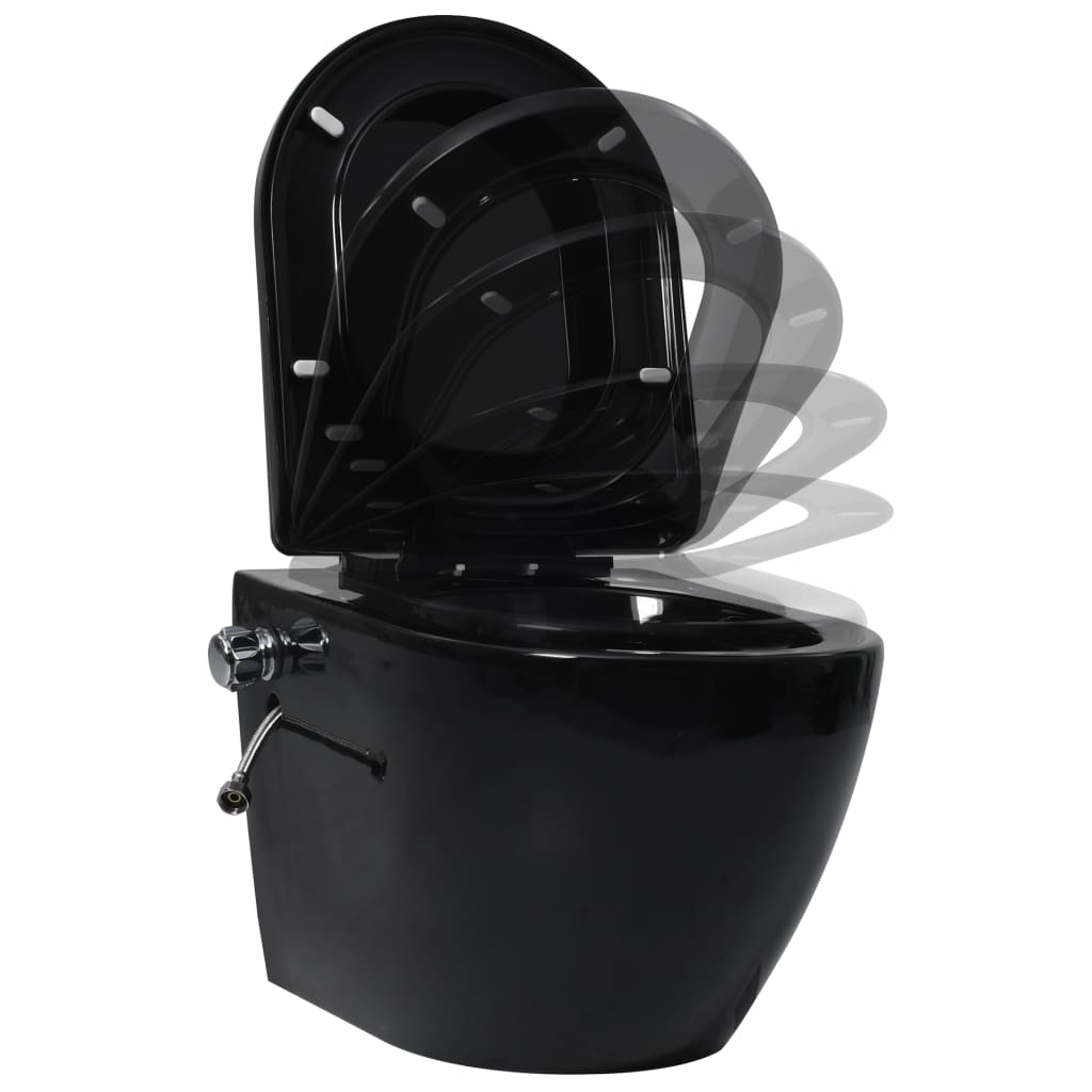 vidaXL Vas WC de perete fără ramă, rezervor încastrat, negru, ceramică vidaXL Vas WC de perete fără ramă, rezervor încastrat, negru, ceramică
