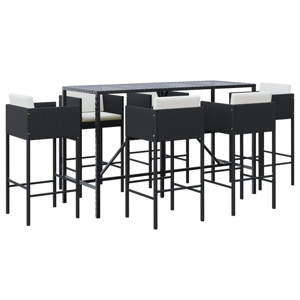 vidaXL Set bar de grădină, 7 piese, cu perne, negru, poliratan