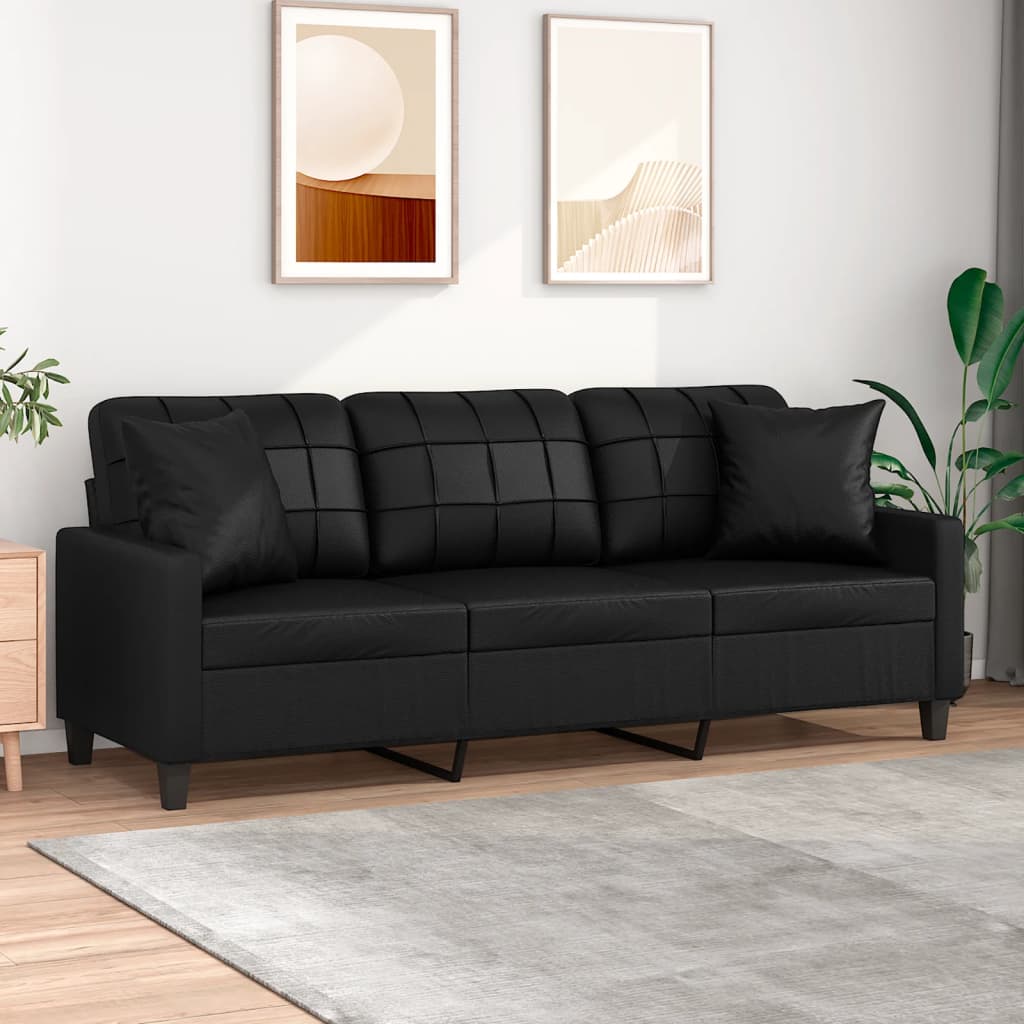 vidaXL Canapea cu 3 locuri cu pernuțe, negru, 180 cm, piele ecologică vidaXL Canapea cu 3 locuri cu pernuțe, negru, 180 cm, piele ecologică