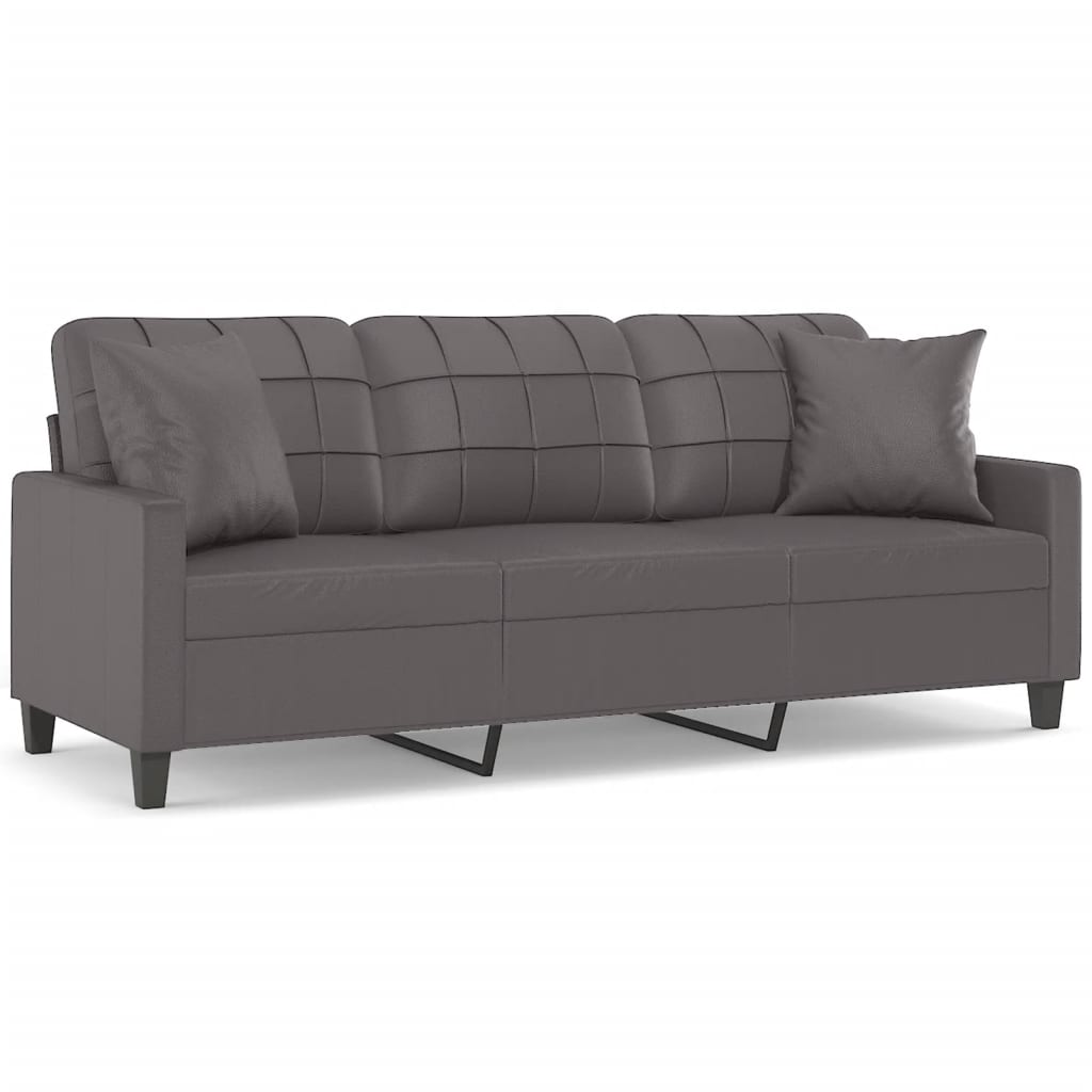 vidaXL Canapea cu 3 locuri cu pernuțe, gri, 180 cm, piele ecologică