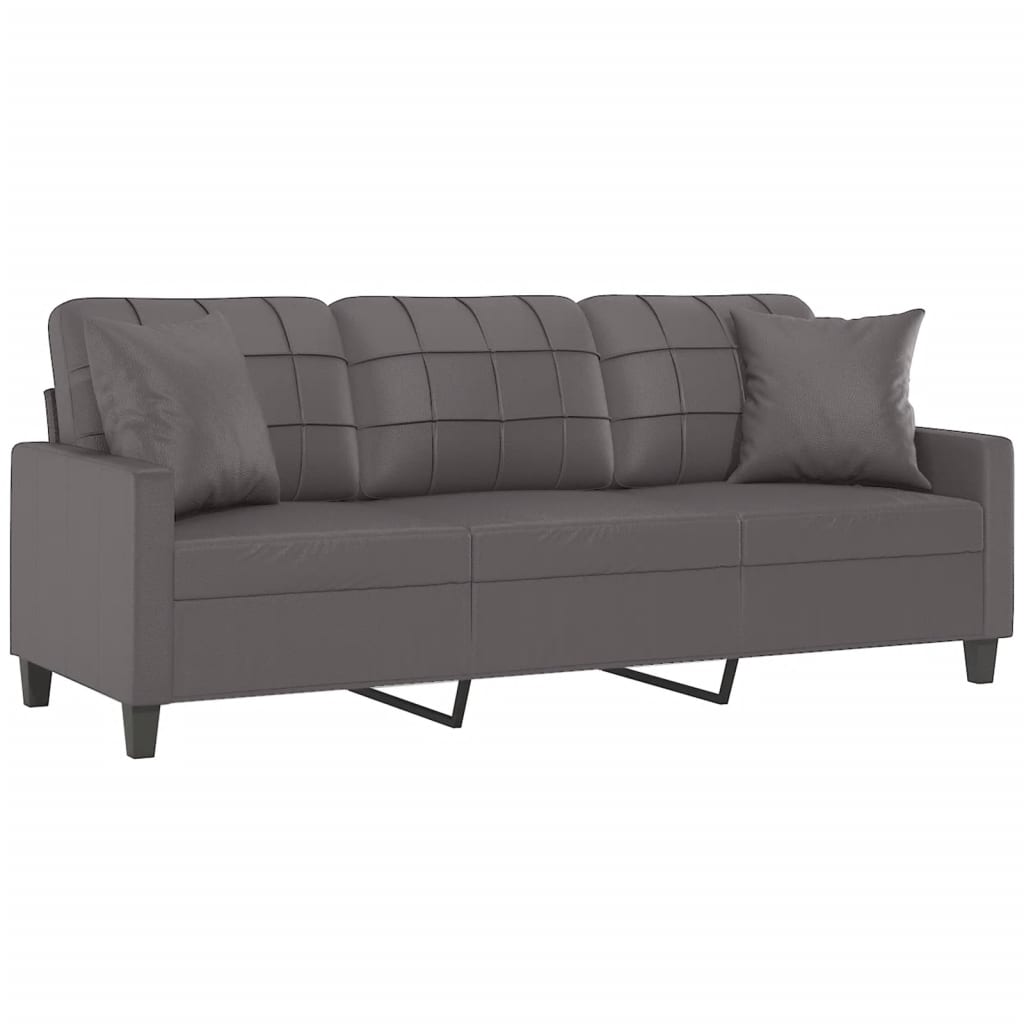 vidaXL Canapea cu 3 locuri cu pernuțe, gri, 180 cm, piele ecologică