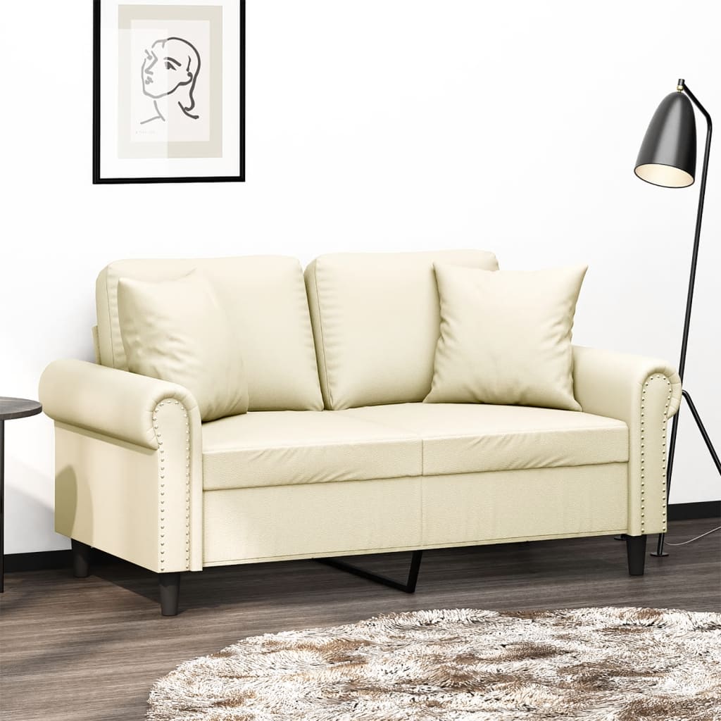 vidaXL Canapea cu 2 locuri cu pernuțe, crem, 120 cm, piele ecologică vidaXL Canapea cu 2 locuri cu pernuțe, crem, 120 cm, piele ecologică