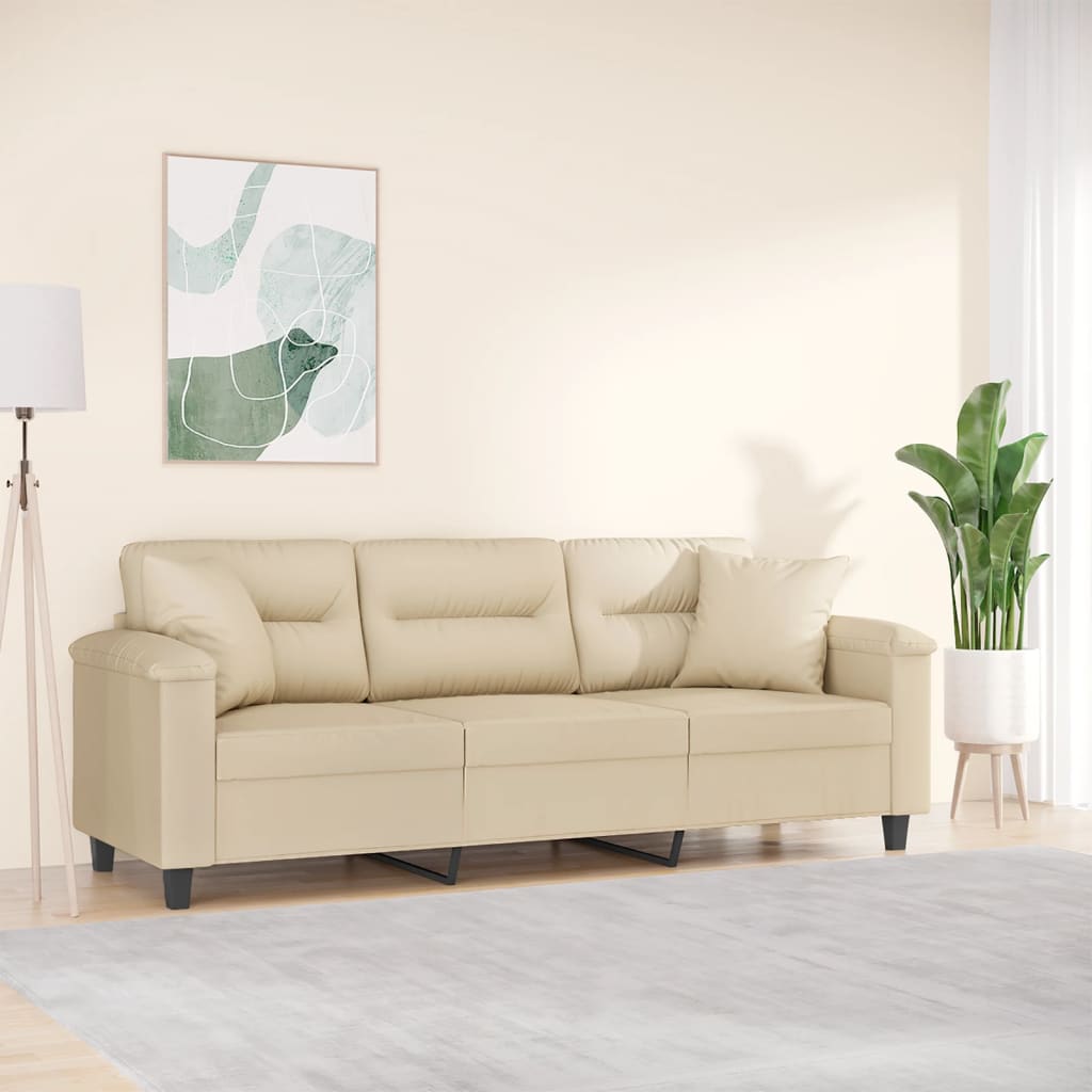 vidaXL Canapea cu 3 locuri și perne, crem, 180 cm, microfibră vidaXL Canapea cu 3 locuri și perne, crem, 180 cm, microfibră