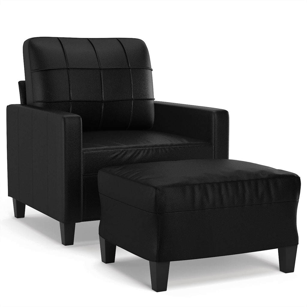 vidaXL Fotoliu canapea cu taburet, negru, 60 cm, piele ecologică