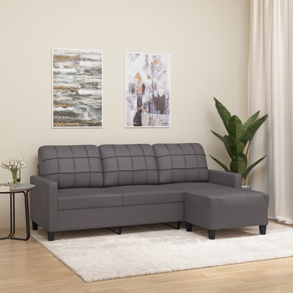 vidaXL Canapea cu 3 locuri și taburet, gri, 180 cm, piele ecologică vidaXL Canapea cu 3 locuri și taburet, gri, 180 cm, piele ecologică