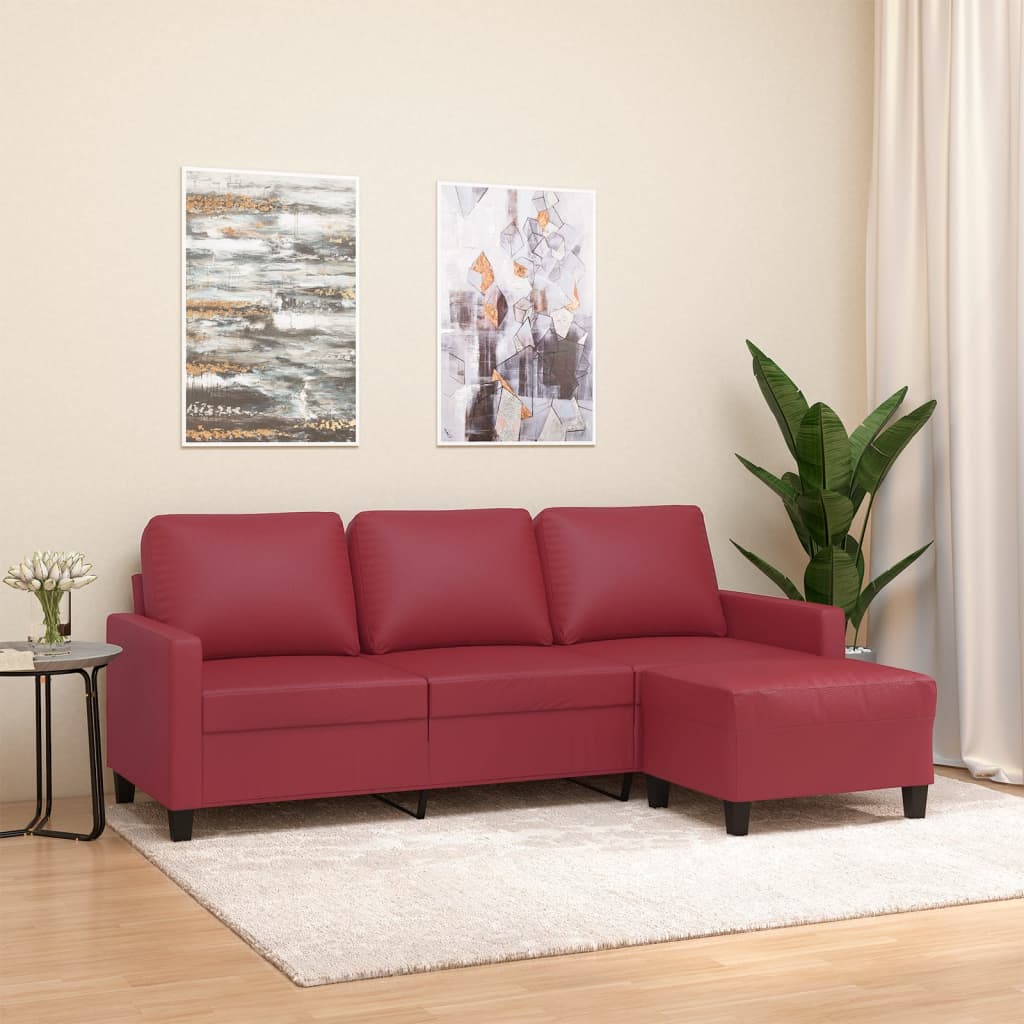 vidaXL Canapea cu 3 locuri și taburet, roșu vin 180 cm piele ecologică vidaXL Canapea cu 3 locuri și taburet, roșu vin 180 cm piele ecologică