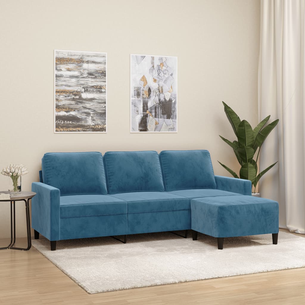 vidaXL Canapea cu 3 locuri și taburet, albastru, 180 cm, catifea vidaXL Canapea cu 3 locuri și taburet, albastru, 180 cm, catifea