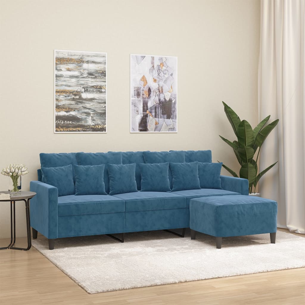 vidaXL Canapea cu 3 locuri și taburet, albastru, 180 cm, catifea vidaXL Canapea cu 3 locuri și taburet, albastru, 180 cm, catifea