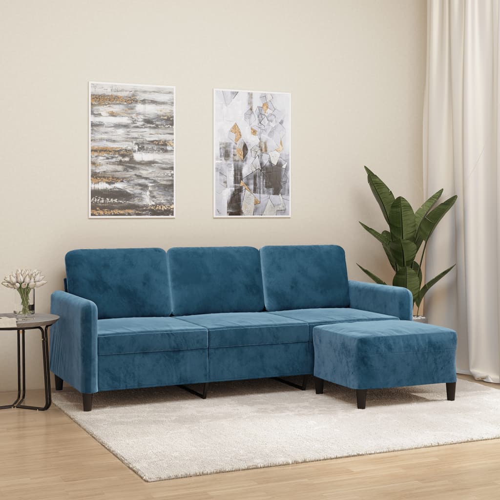 vidaXL Canapea cu 3 locuri și taburet, albastru, 180 cm, catifea vidaXL Canapea cu 3 locuri și taburet, albastru, 180 cm, catifea