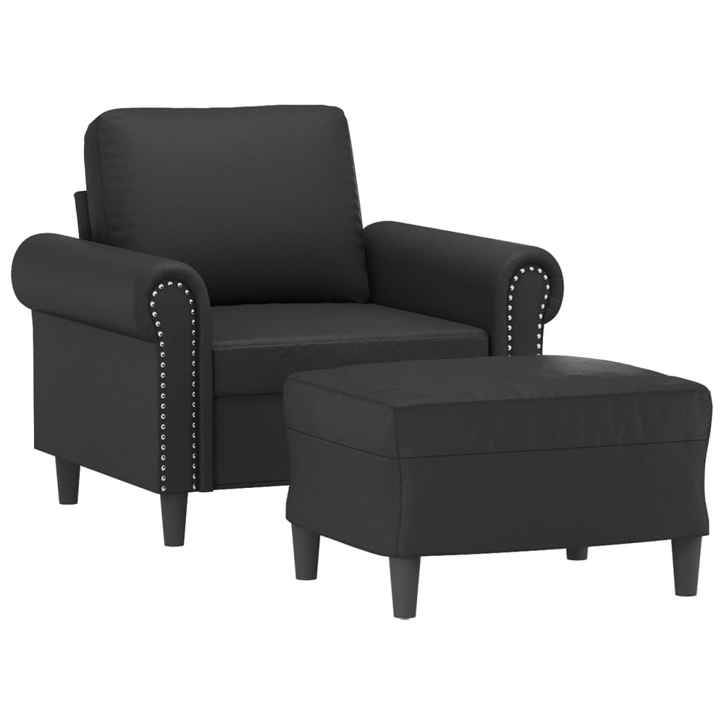 vidaXL Fotoliu canapea cu taburet, negru, 60 cm, piele ecologică