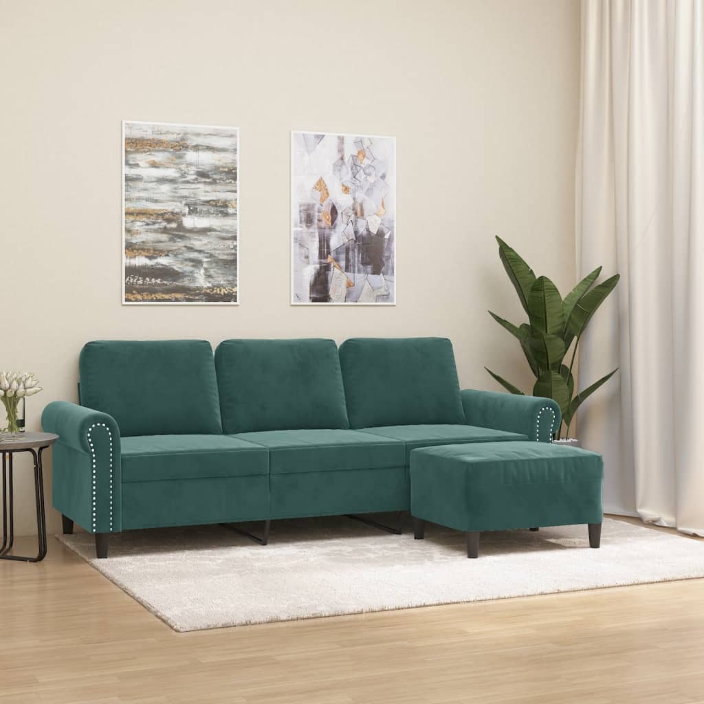 vidaXL Canapea cu 3 locuri și taburet, verde închis, 180 cm, catifea vidaXL Canapea cu 3 locuri și taburet, verde închis, 180 cm, catifea