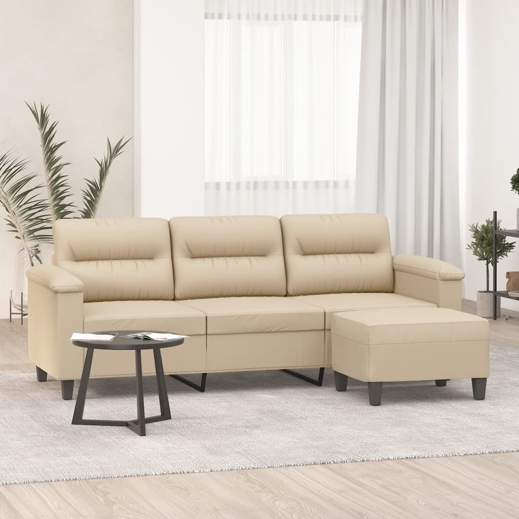 vidaXL Canapea cu 3 locuri și taburet, crem, 180 cm, microfibră vidaXL Canapea cu 3 locuri și taburet, crem, 180 cm, microfibră