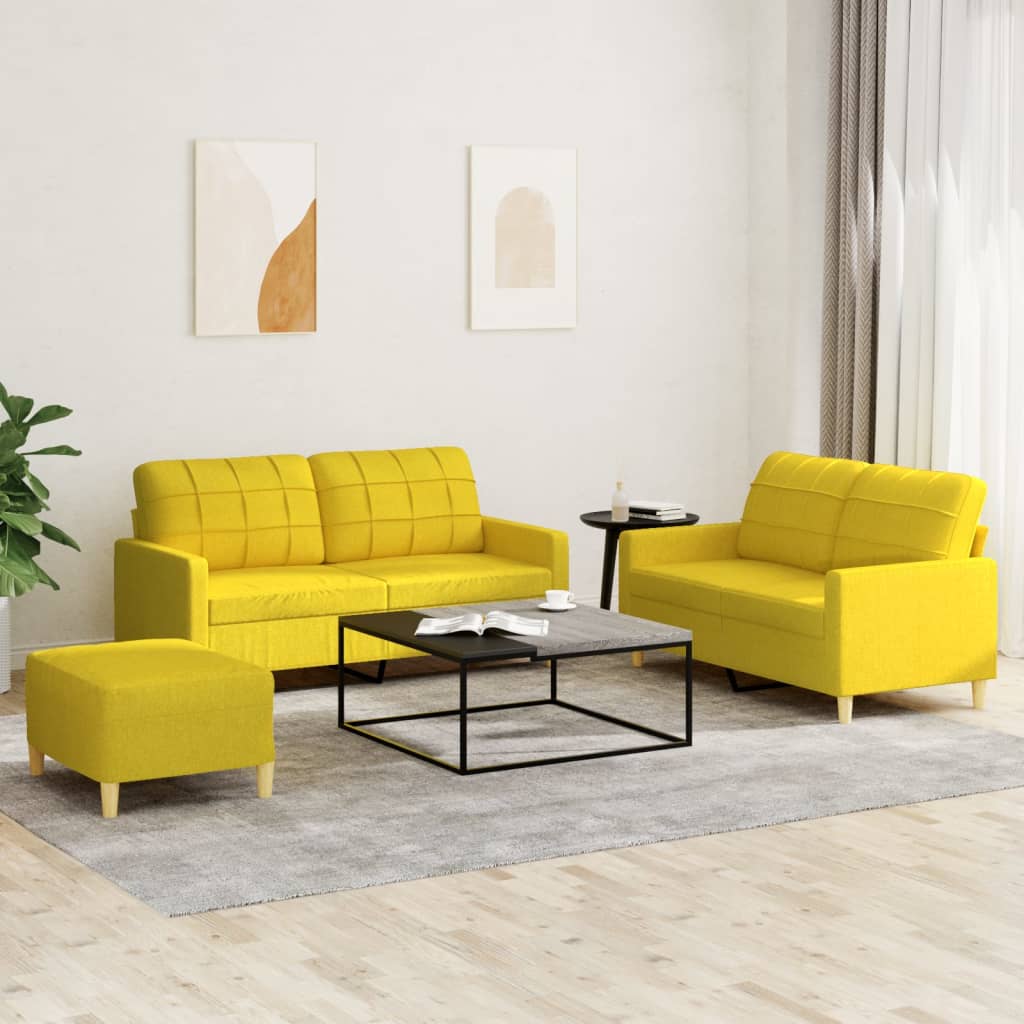 vidaXL Set de canapele cu perne, 3 piese, galben deschis, textil vidaXL Set de canapele cu perne, 3 piese, galben deschis, textil