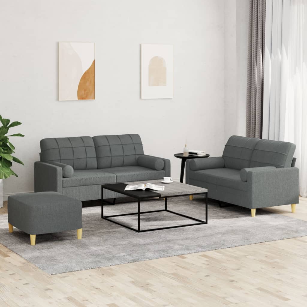 vidaXL Set de canapele cu perne, 3 piese, gri închis, textil vidaXL Set de canapele cu perne, 3 piese, gri închis, textil