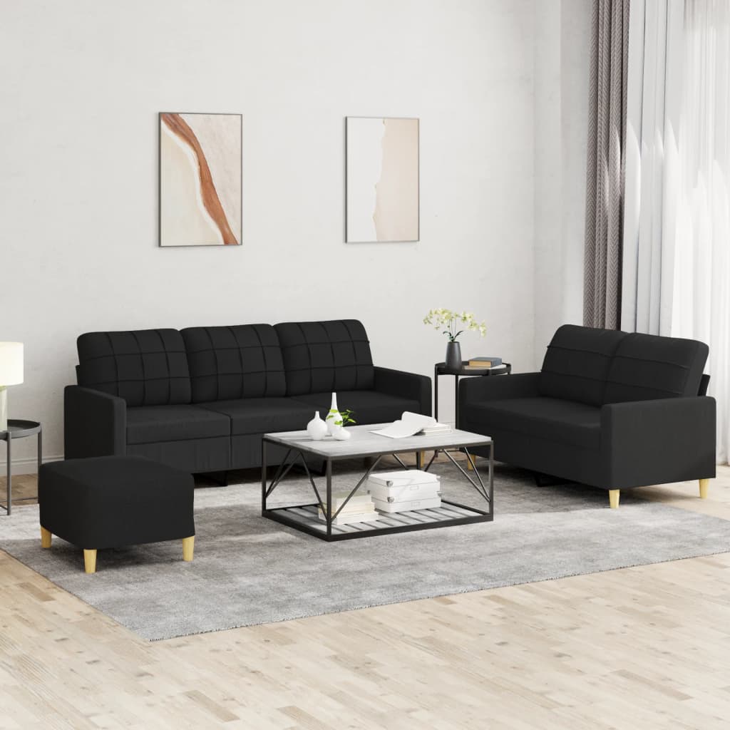 vidaXL Set de canapele cu perne, 3 piese, negru, textil vidaXL Set de canapele cu perne, 3 piese, negru, textil
