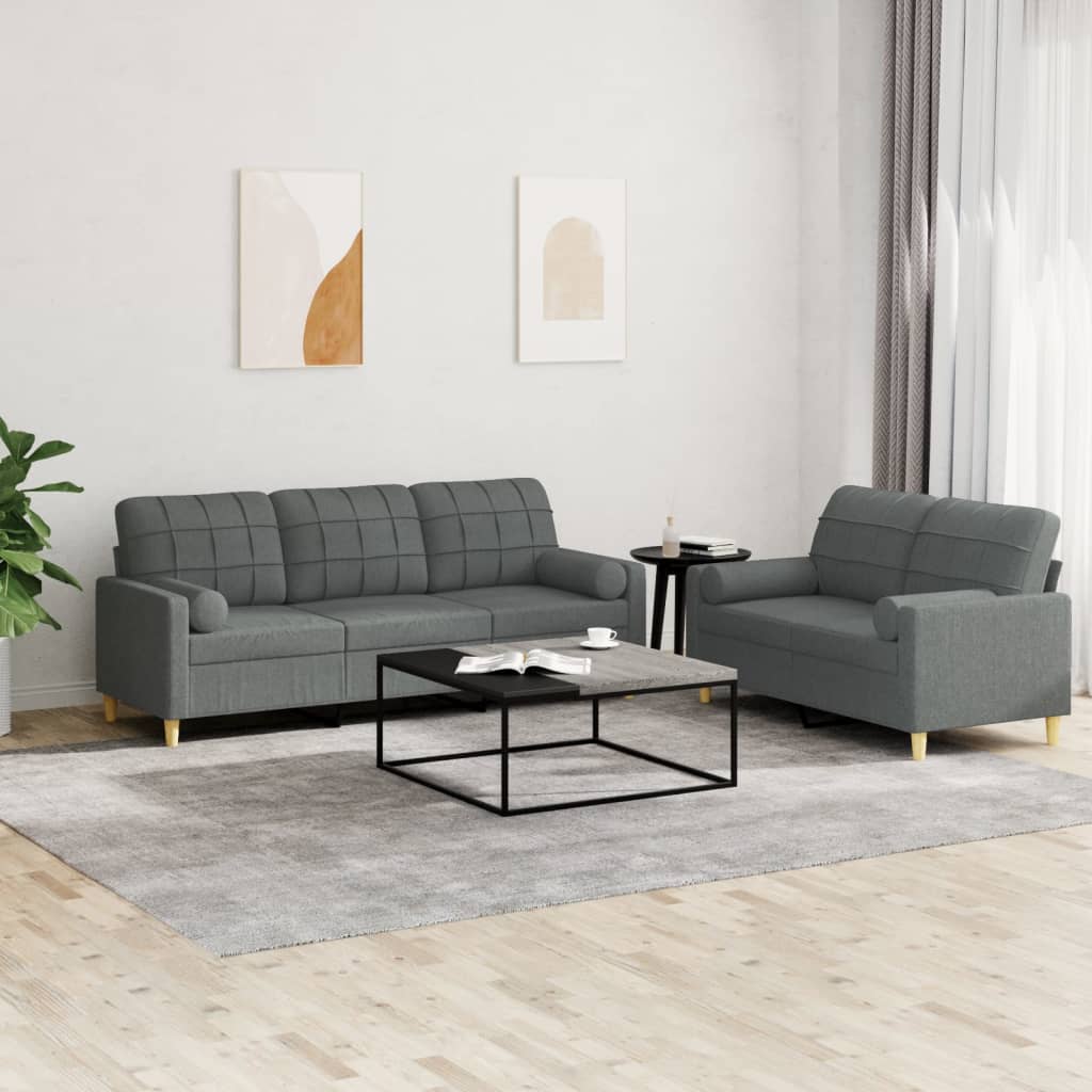 vidaXL Set de canapele cu perne, 2 piese, gri închis, material textil vidaXL Set de canapele cu perne, 2 piese, gri închis, material textil