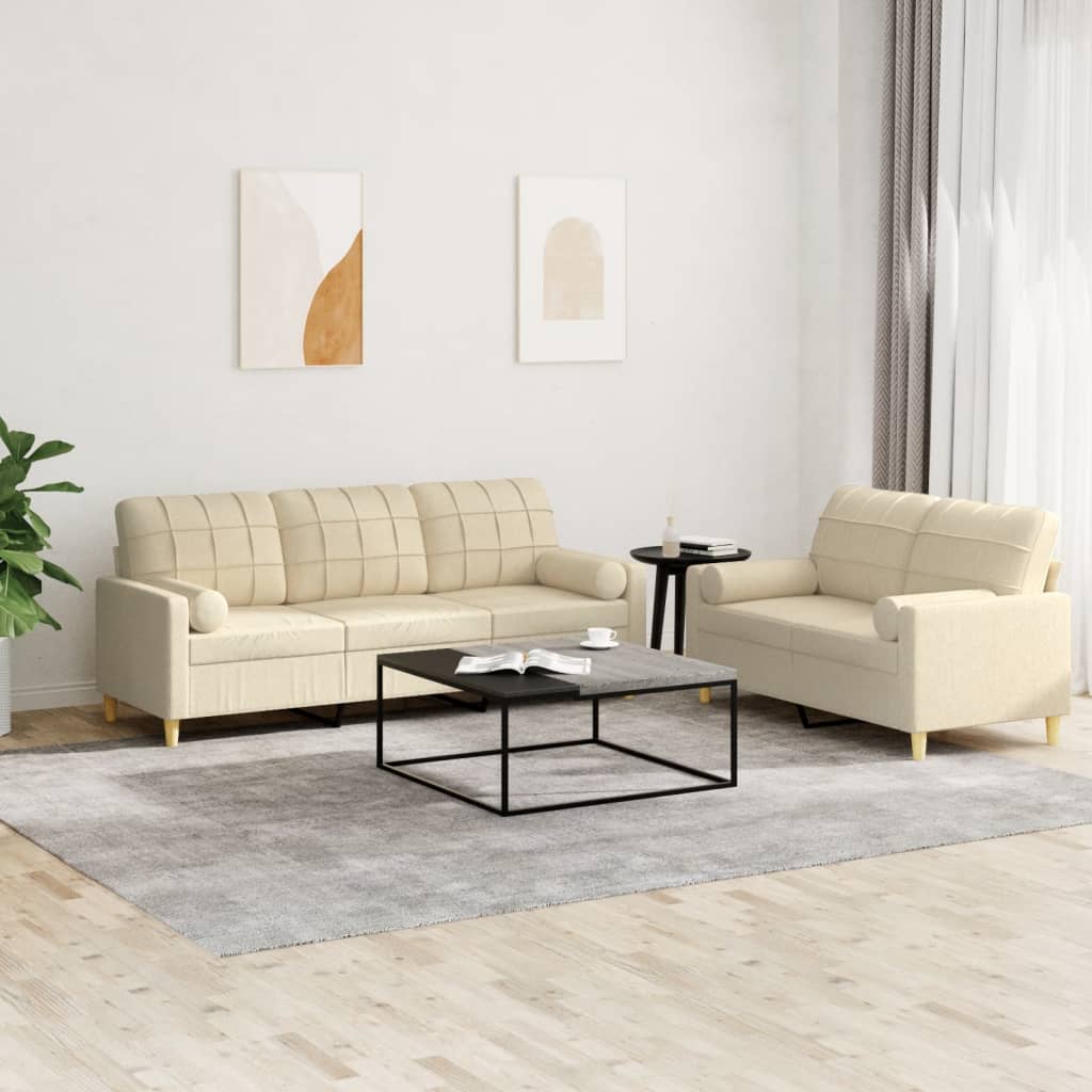vidaXL Set de canapele cu perne, 2 piese, crem, material textil vidaXL Set de canapele cu perne, 2 piese, crem, material textil