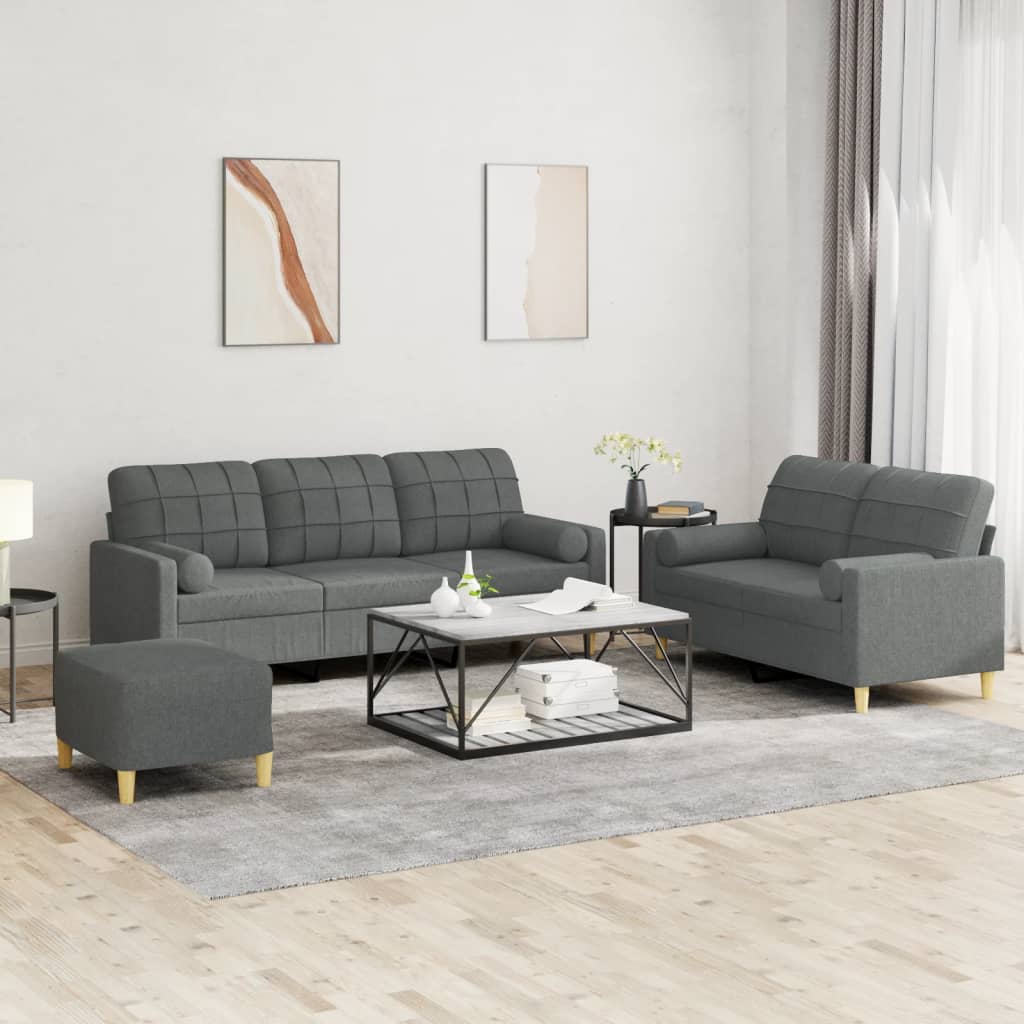 vidaXL Set de canapele cu perne, 3 piese, gri închis, textil vidaXL Set de canapele cu perne, 3 piese, gri închis, textil