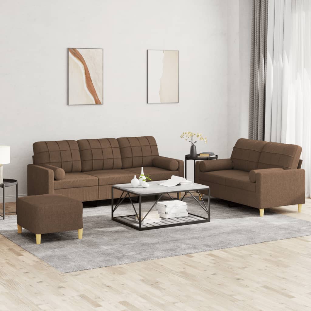 vidaXL Set de canapele cu perne, 3 piese, maro, textil vidaXL Set de canapele cu perne, 3 piese, maro, textil