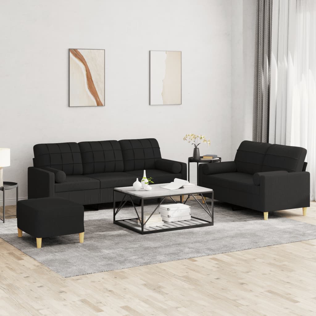 vidaXL Set de canapele cu perne, 3 piese, negru, textil vidaXL Set de canapele cu perne, 3 piese, negru, textil