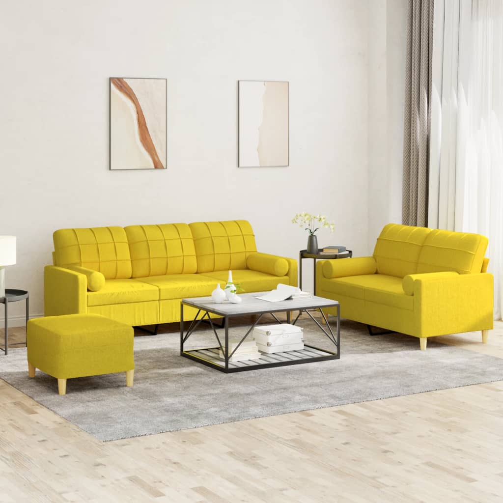 vidaXL Set de canapele cu perne, 3 piese, galben deschis, textil vidaXL Set de canapele cu perne, 3 piese, galben deschis, textil