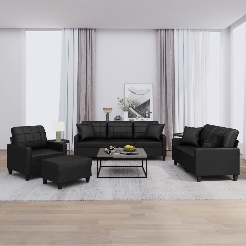vidaXL Set de canapele cu perne, 4 piese, negru, piele ecologică