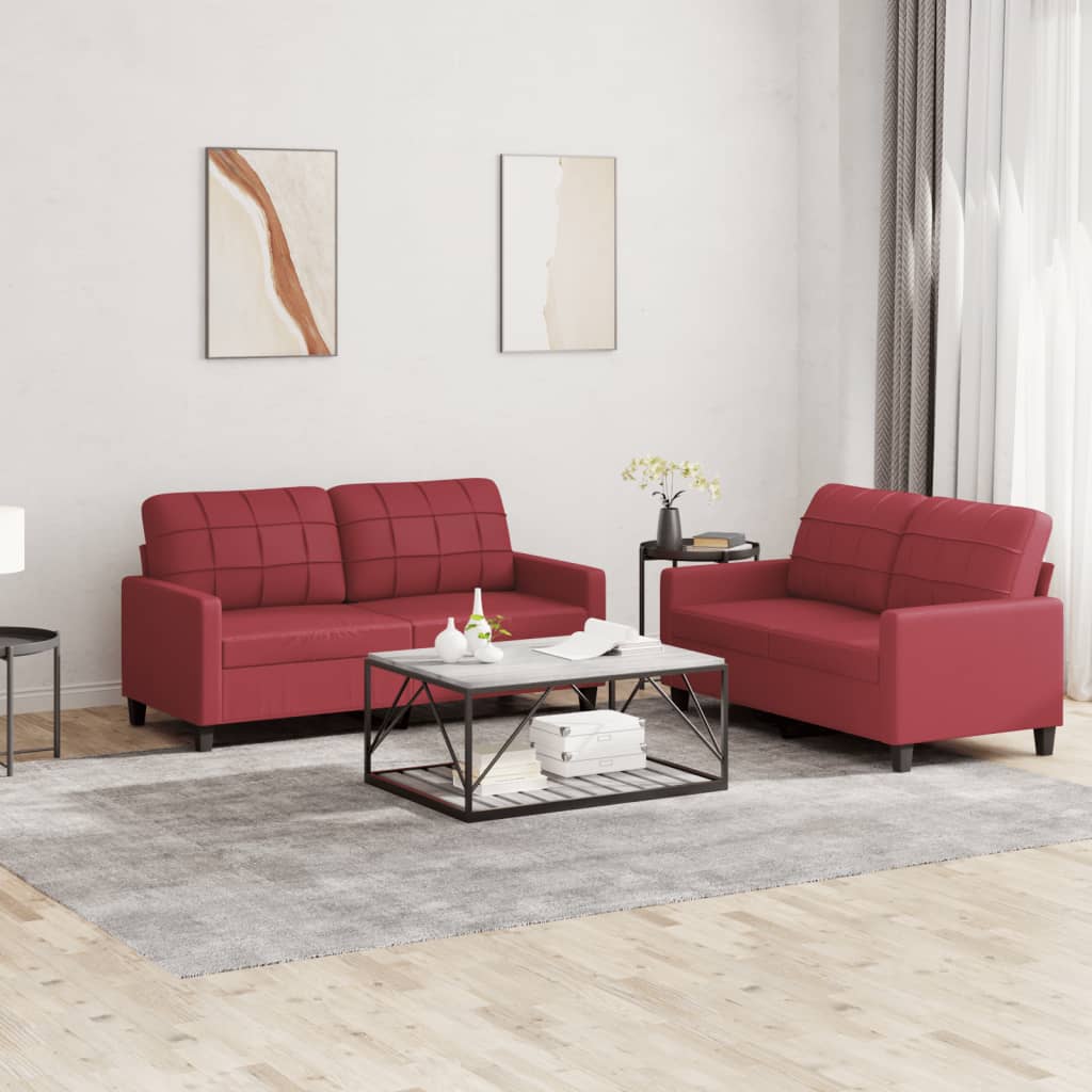 vidaXL Set de canapele cu perne, 2 piese, roșu vin, piele ecologică vidaXL Set de canapele cu perne, 2 piese, roșu vin, piele ecologică