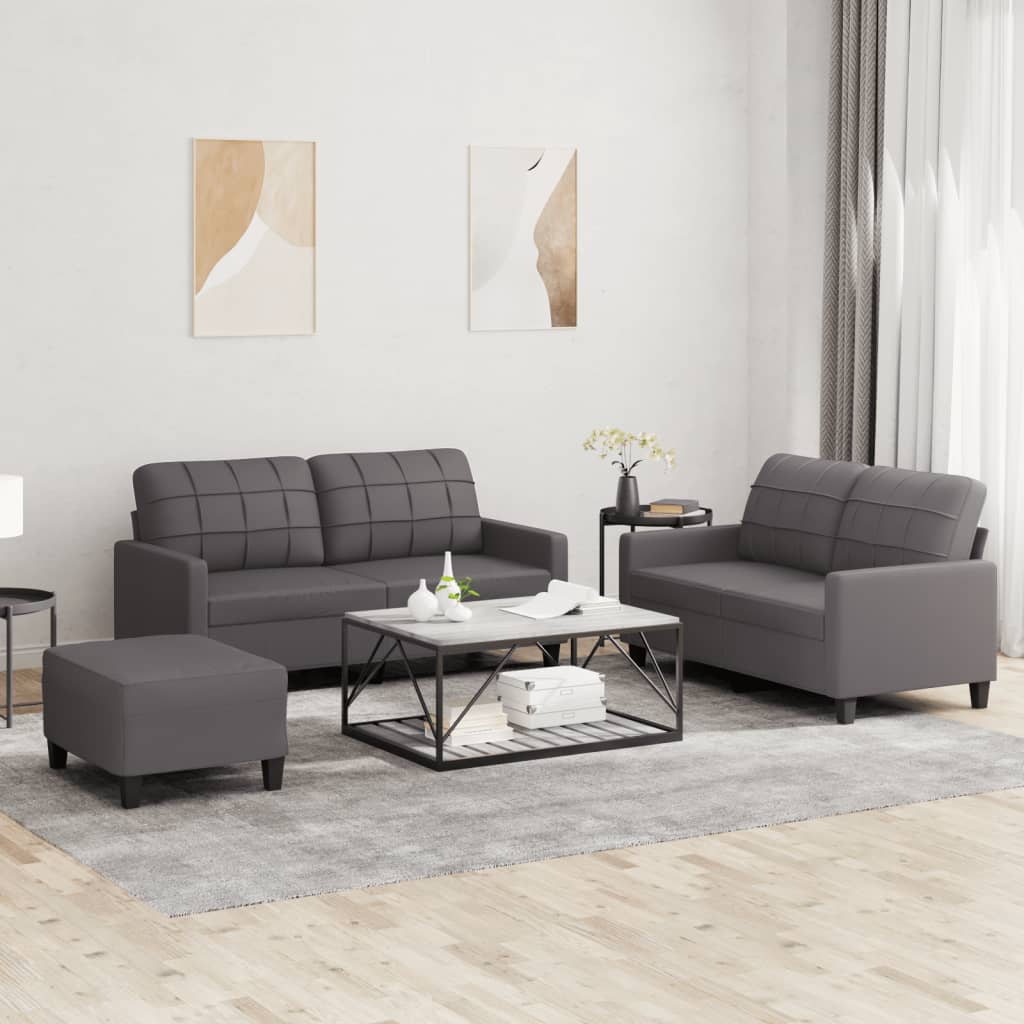 vidaXL Set de canapele cu perne, 3 piese, gri, piele ecologică vidaXL Set de canapele cu perne, 3 piese, gri, piele ecologică