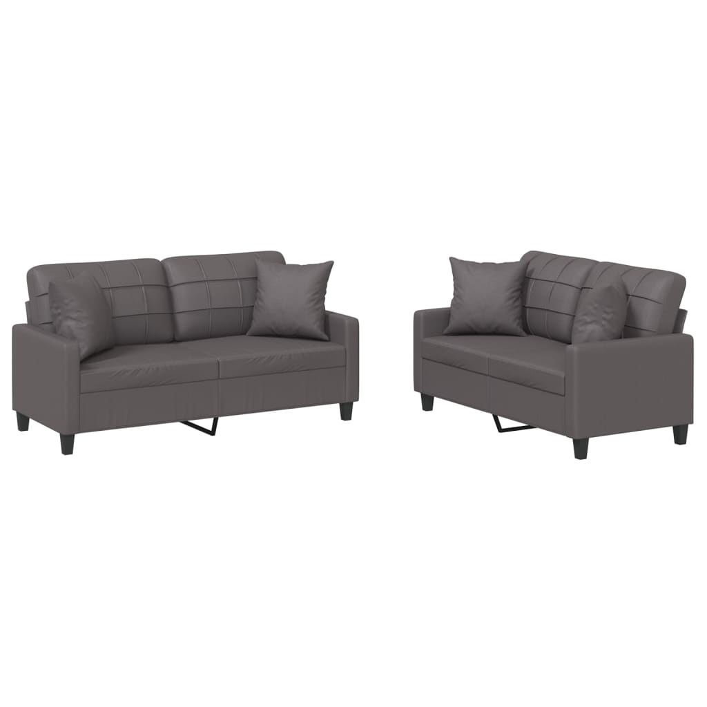 vidaXL Set de canapele cu perne, 2 piese, gri, piele ecologică
