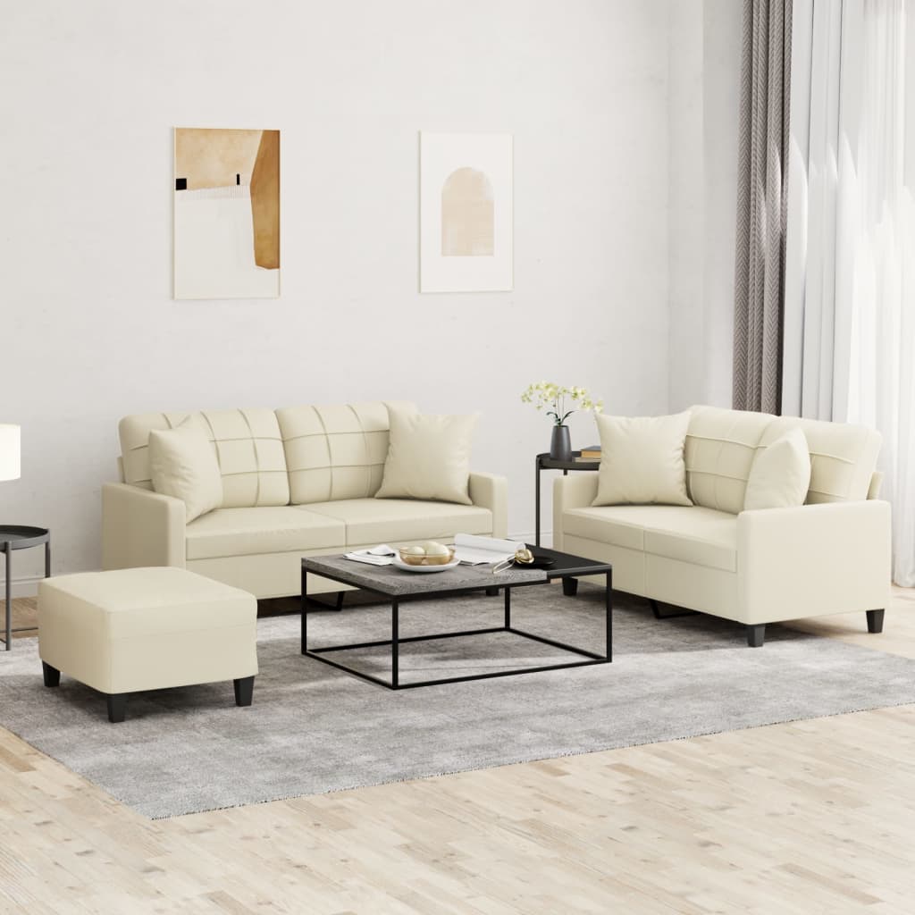vidaXL Set de canapele cu perne, 3 piese, crem, piele ecologică vidaXL Set de canapele cu perne, 3 piese, crem, piele ecologică