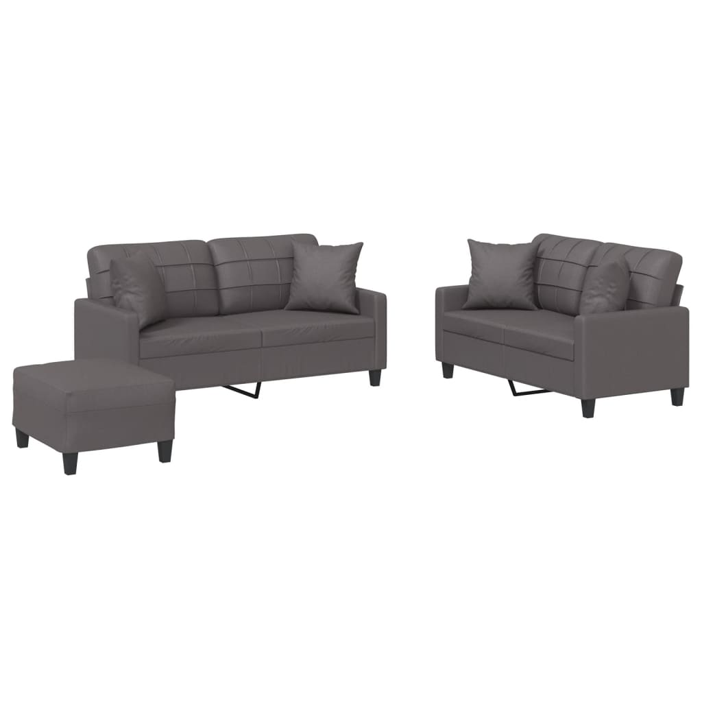 vidaXL Set de canapele cu perne, 3 piese, gri, piele ecologică vidaXL Set de canapele cu perne, 3 piese, gri, piele ecologică