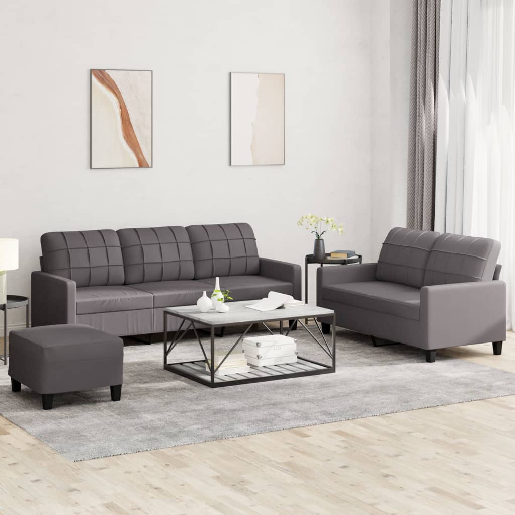 vidaXL Set de canapele cu perne, 3 piese, gri, piele ecologică vidaXL Set de canapele cu perne, 3 piese, gri, piele ecologică